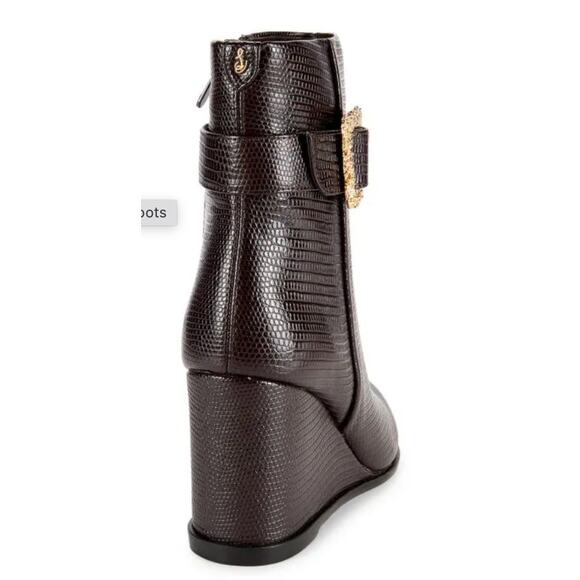 Sam Edelman Weslie 2 Embossed Buckle Wedge Ankle Boots | Womens Sz 6.5 Brown NEW - Picture 4 of 7